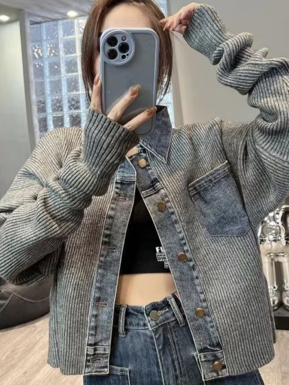 Fashionable Short Jacket for Women, New Autumn Vintage Denim Patchwork Coat
